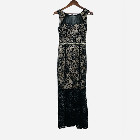 Enfocus Black Lace Maxi Dress 4P Formal Evening Gown Party Jeweled Waist Fitted - Picture 1 of 12